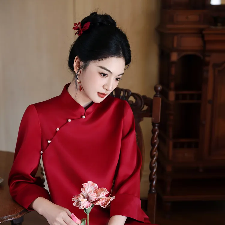 【霓裳】新中式红色国风礼服长袖套装新娘复古结婚礼服新娘1569