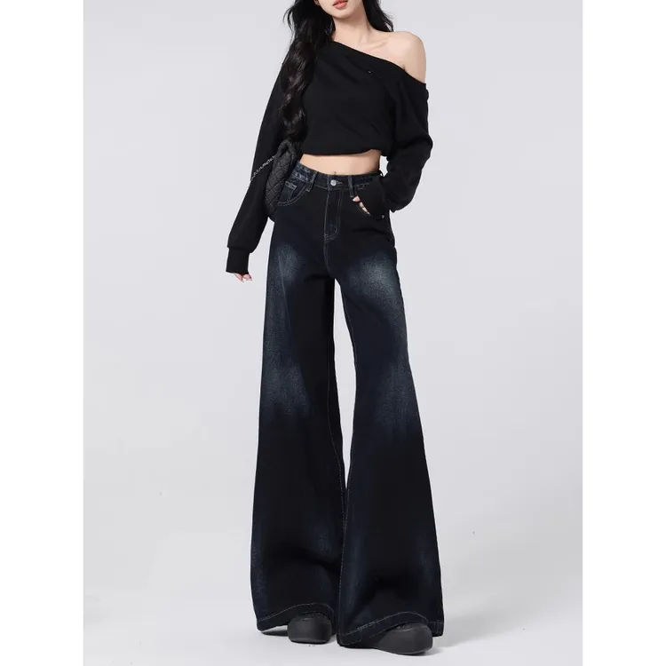 美式复古蓝灰阔腿牛仔裤子女2025秋冬新款宽松高腰垂感百搭直筒裤