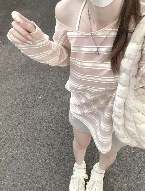 松弛感撞色条纹长袖T恤2025早秋新款慵懒风别致上衣百搭半裙套装