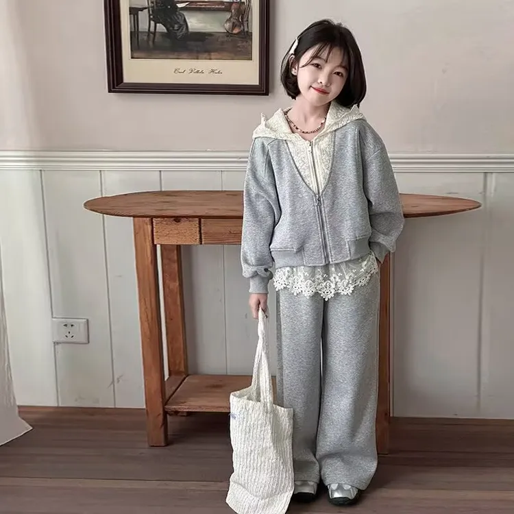 女童休闲套装春秋季新款2025新款儿童洋气蕾丝连帽外套两件套