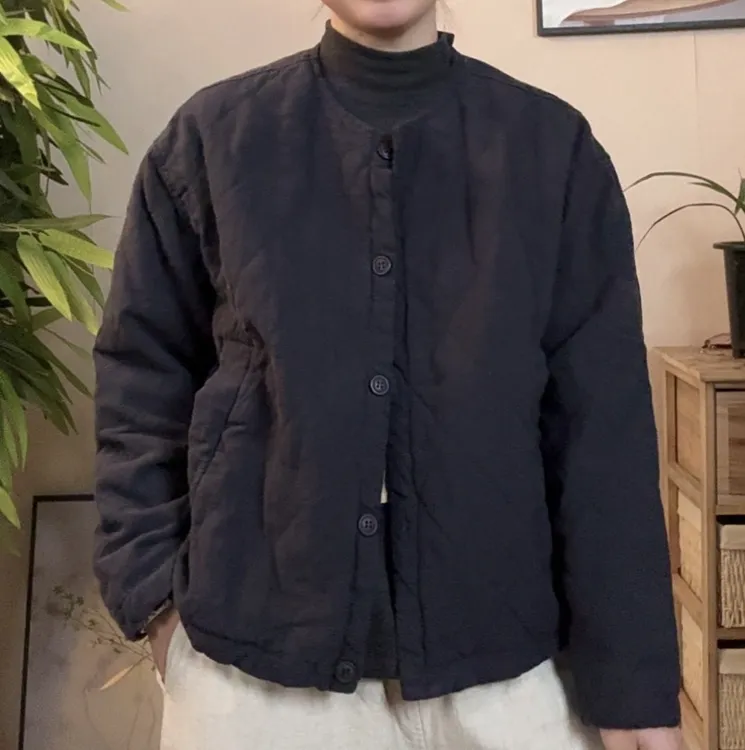 秋冬复古菱格压线圆领汉麻夹棉保暖文艺休闲短外套女