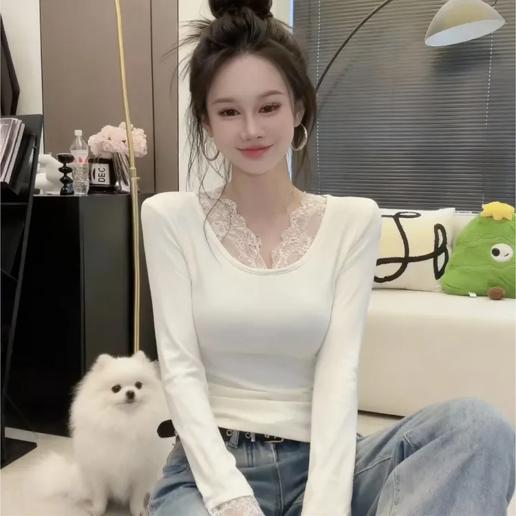 大码胖秋冬季新款蕾丝拼接方领小心机设计款徳绒加厚打底衫上衣