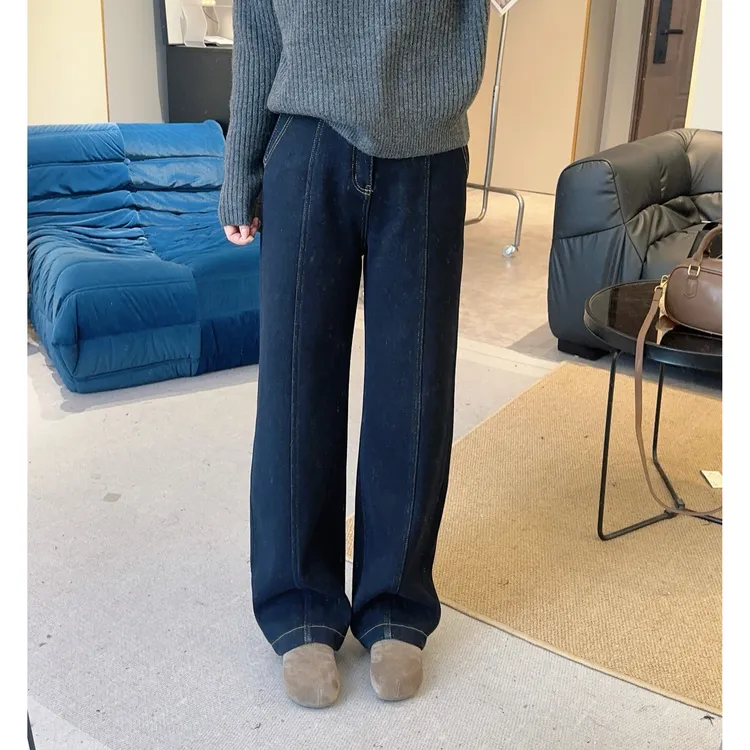 【欧加粒粒】冬季加绒遮肉显瘦明线设计小个子百搭时尚牛仔裤 N465
