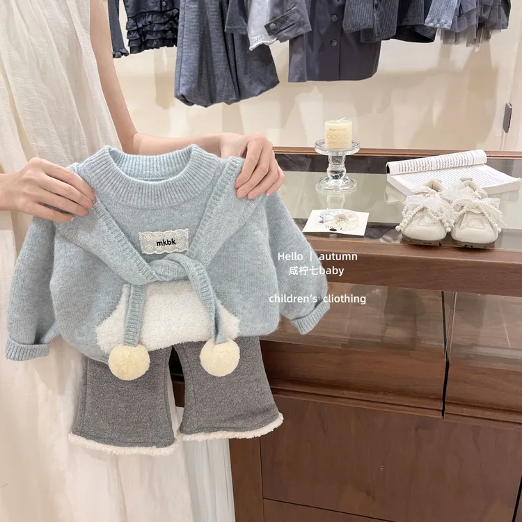 现【咸柠七】女童针织衫2025秋冬新款巨好看儿童薄荷蓝毛衣宝宝套头