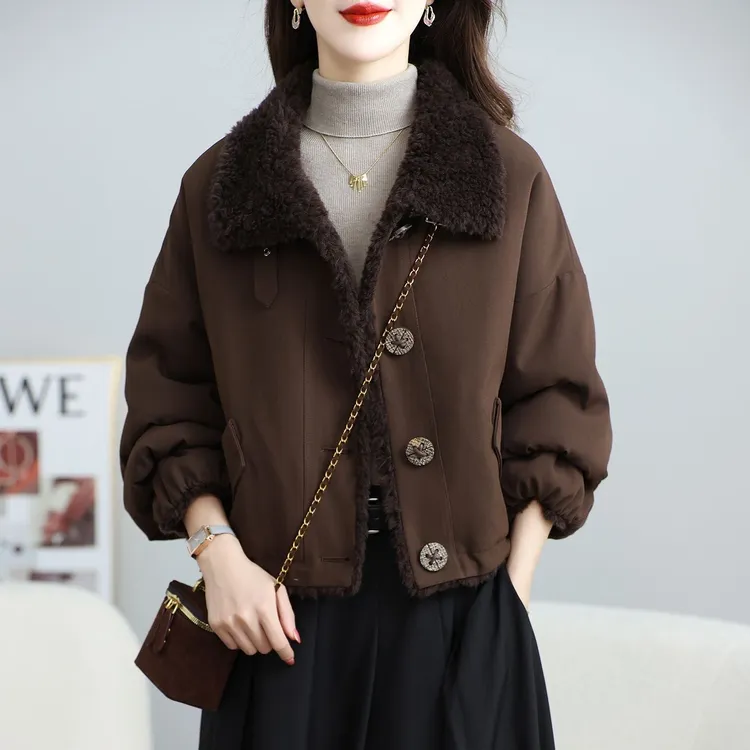 时尚洋气大翻领羊羔毛短款棉衣外套女冬季新款宽松显瘦厚棉服棉袄