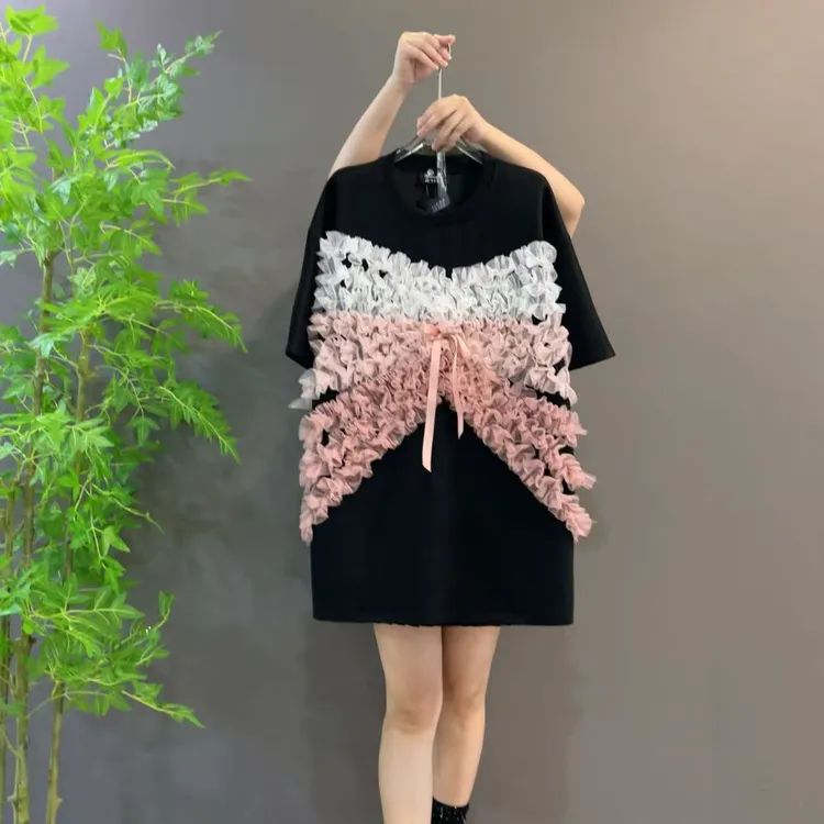 25217新款夏季大码设计立体网纱蝴蝶结拼接短袖中长款宽松T恤上衣