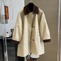 【300胖妹妹】灯芯绒翻领拼接polo领风衣2025早秋新品宽松百搭外套