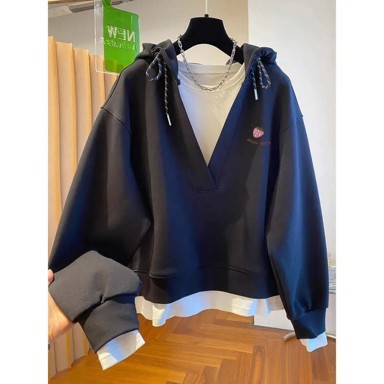 盼可欣大码假两件慵懒风连帽卫衣外套女秋季新款宽松休闲百搭上衣