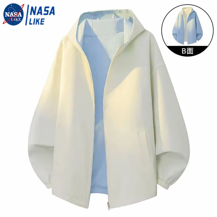 NASA联名春秋季双面穿连帽外套男女同款宽松纯色休闲情侣潮流夹克
