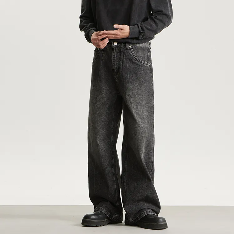 美式复古牛仔裤男宽松直筒潮牌阔腿裤水洗高街百搭长裤子显瘦做旧