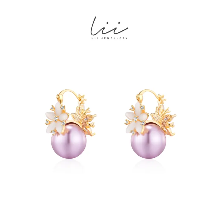 黄铜耳饰  【双面珠花绮梦】 花朵紫色珠珠两戴耳扣手工款