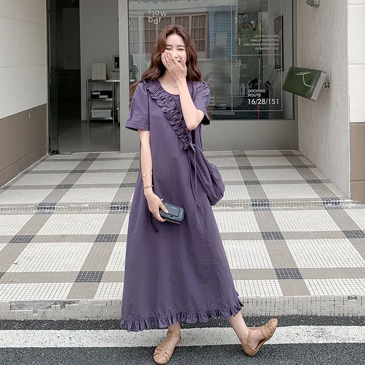 紫色超好看配包包短袖连衣裙女2025夏新款复古韩版宽松中长款裙子