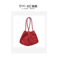 红色包包中式刺绣菜篮子水桶包轻奢包手提包