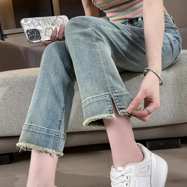 流苏直筒牛仔裤女小个子九分春秋新款高腰显瘦窄版开叉烟管裤子