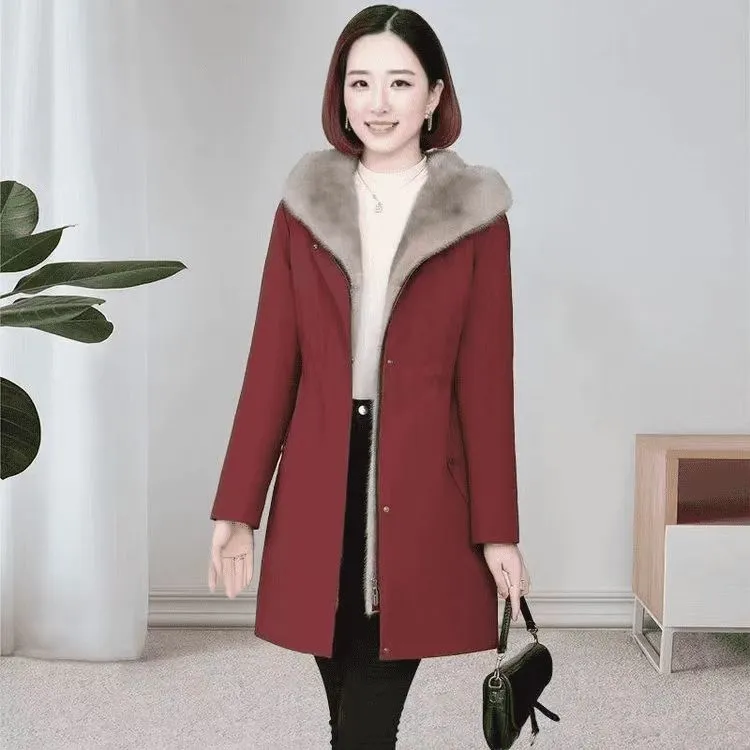 加绒加厚时尚百搭外套女2025冬季气质妈妈装连帽减龄中长款女款