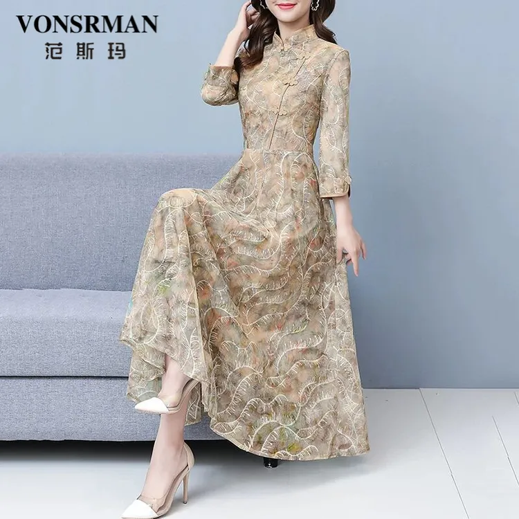 VONSRMAN蕾丝连衣裙子女士春秋冬季2025年新款中式简约漂亮气质长