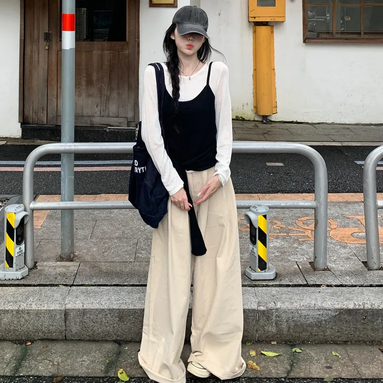 2025新款秋韩系慵懒松弛感长袖t恤女设计感小众上衣两件套装6390