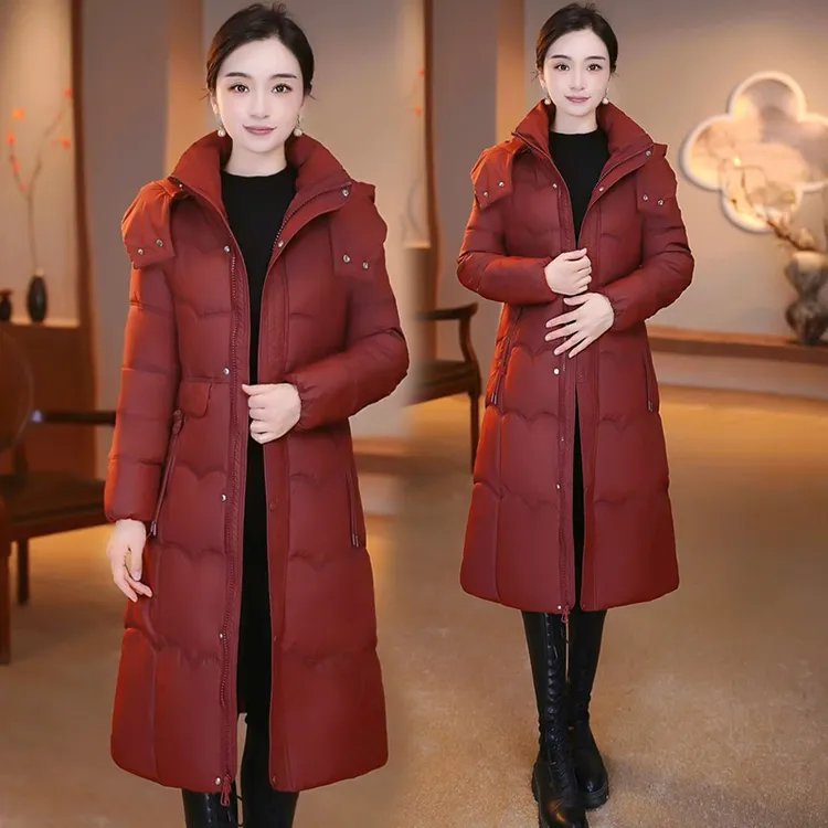 时尚拉链纯色中长款女长款保暖中年大码可脱卸帽羽绒棉服棉衣外套