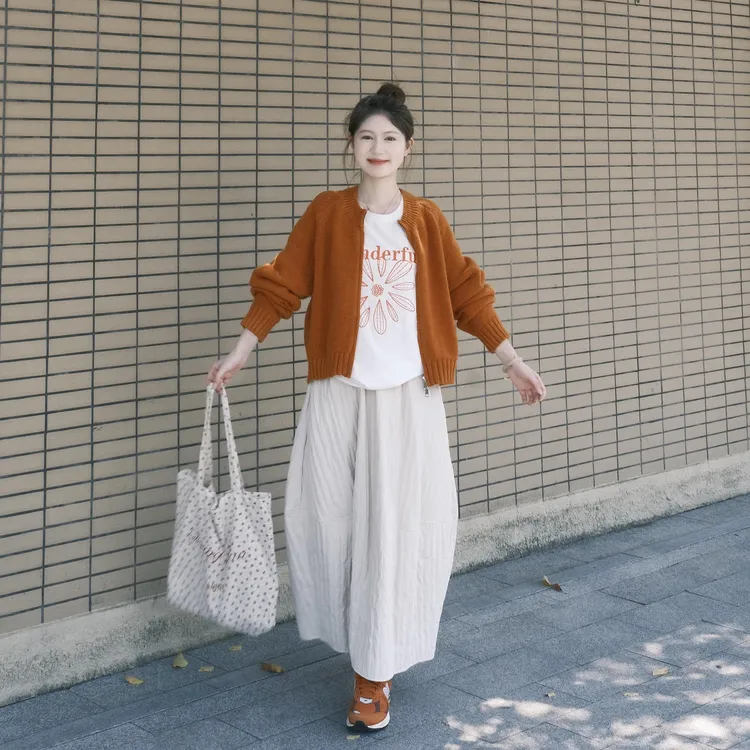【一颗橘子】减龄多巴胺橘色针织衫搭配高腰纹理感半身裙女款印花T