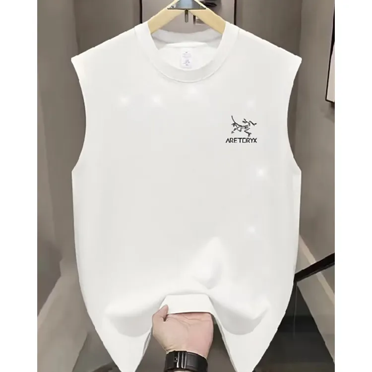 【茑家】上衣男士背心白色夏季印花无袖圆领