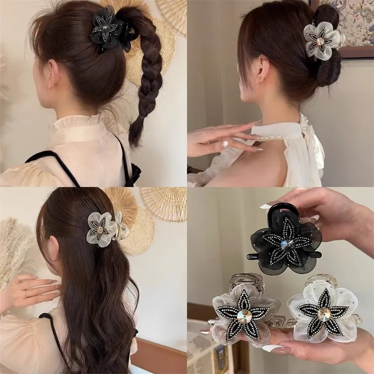 五叶草网纱花朵抓夹轻奢优雅夏季发夹女高级感鲨鱼夹丸子头马尾夹