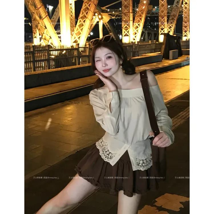 萌面侠芝士现货【栗子冰茶】下摆镂空上衣百搭老钱风女装5846流光风