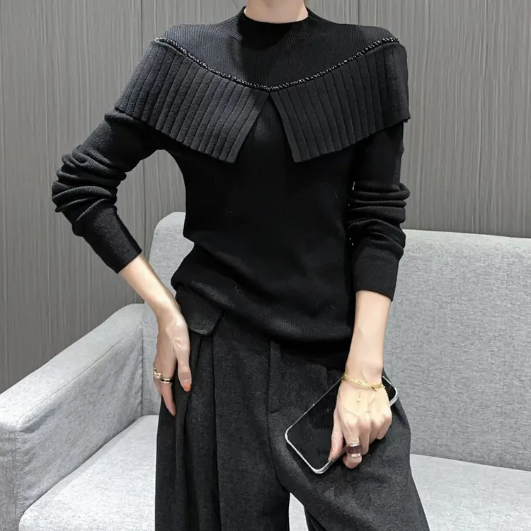 网红毛衣针织打底衫女2025秋冬季毛针织衫拼接荷叶边半高领上衣潮