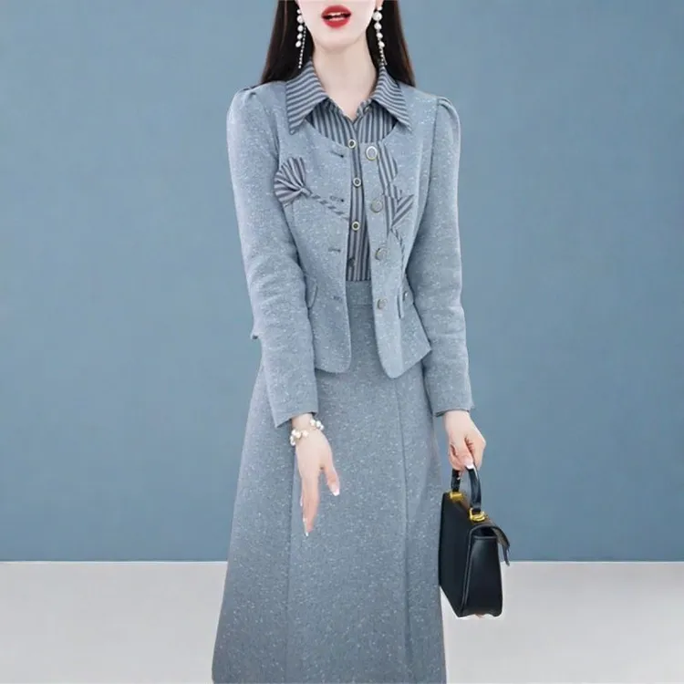 2025年秋季新款时尚休闲套装裙女小香风外套条纹拼接连衣裙两件套