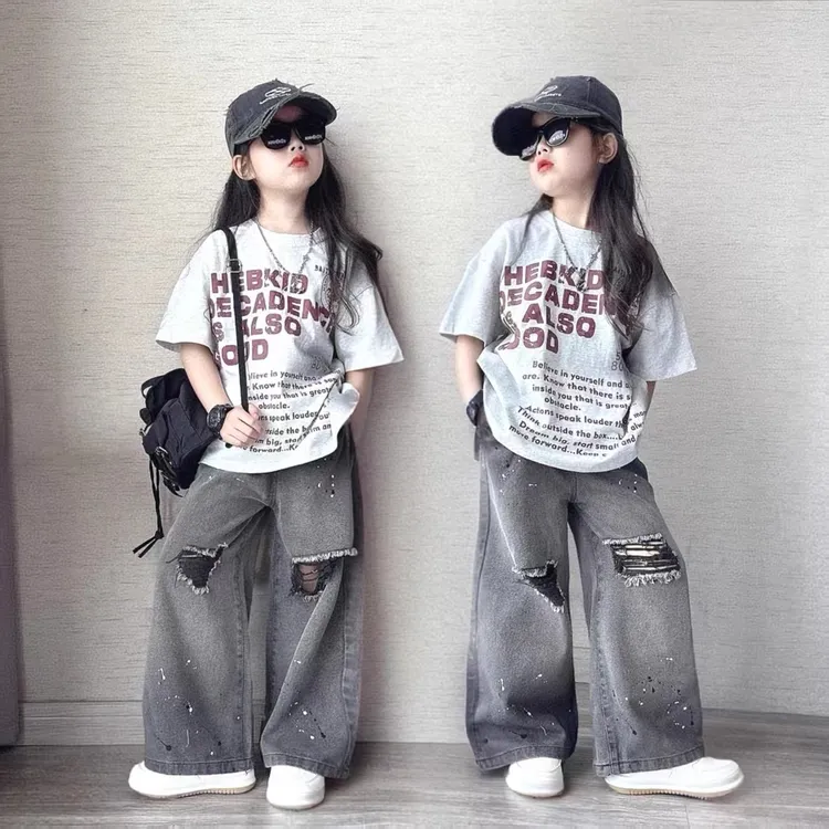 女童美式复古做旧字母小众上衣夏季宽松短袖T恤破洞牛仔裤ins套装