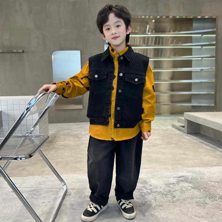 中班仔男童套装春秋装新款牛仔马甲长袖衬衫牛仔裤中大童*ZH2435