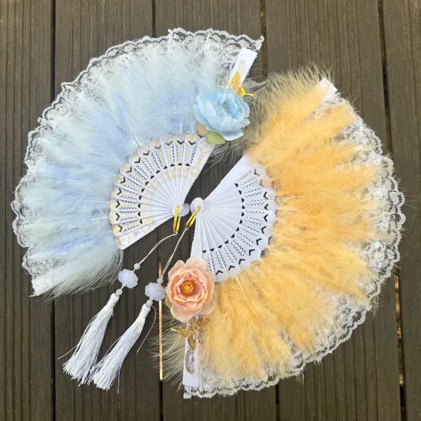 羽毛扇洛丽塔蕾丝扇舞蹈旗袍走秀折扇网红双面纯手工新中式学生扇