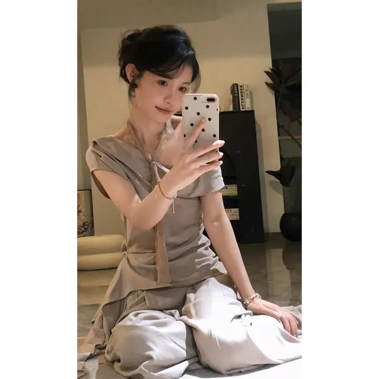 2025夏季新款女韩系穿搭荷叶边露肩短袖上衣气质高腰显瘦阔腿长裤