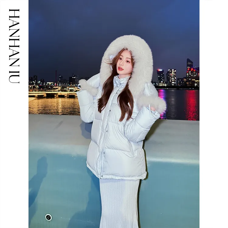韩韩IU【月野冰川】高定90白鹅绒三防面料连帽羽绒服&进口狐毛手套