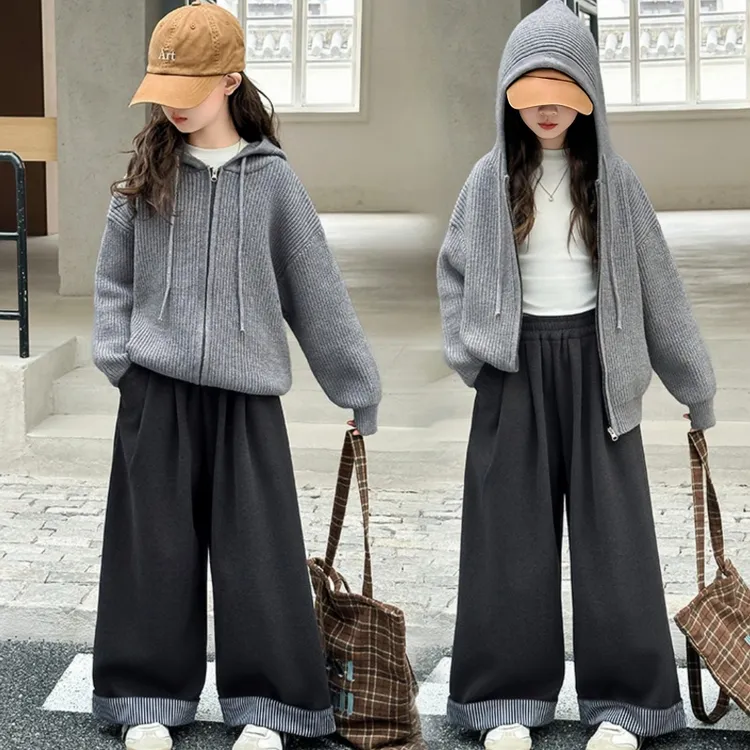 女童春秋季毛衣针织开衫外套2025新款中大童阔腿裤儿童秋装两件套