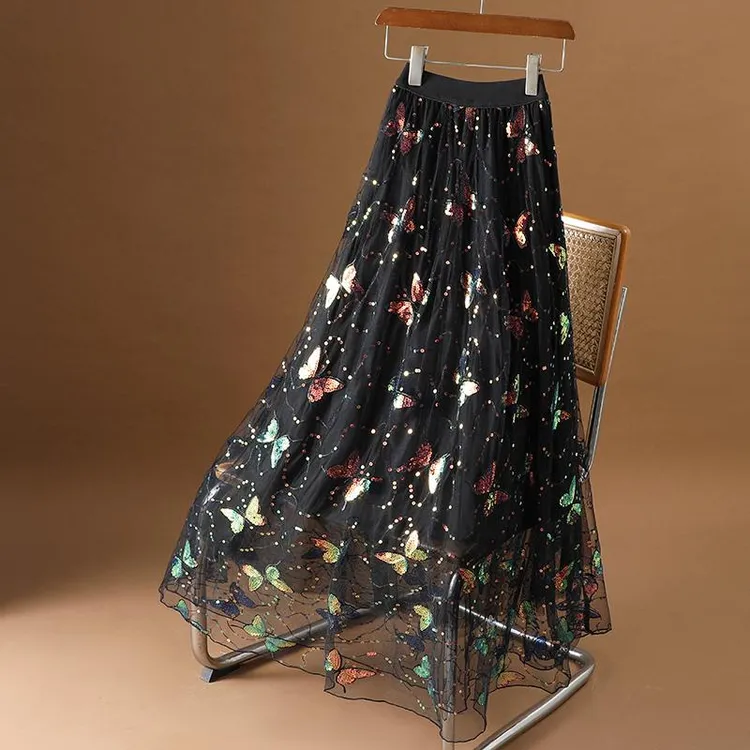 2025新款网纱半身裙女春秋高腰a字百褶裙中长款蝴蝶重工刺绣纱裙