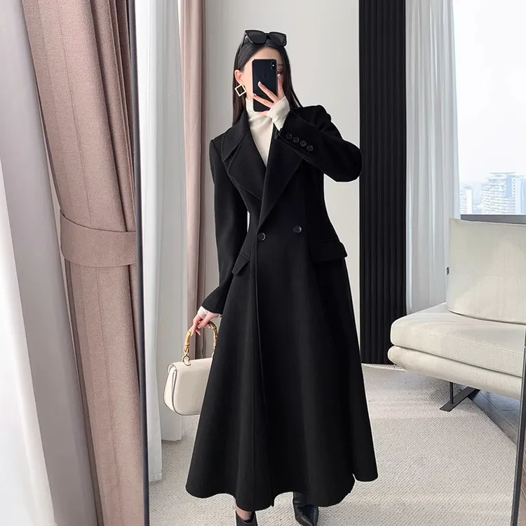 大码黑色显瘦呢大衣女2025秋冬新款胖mm高级感收腰赫本风毛呢外套