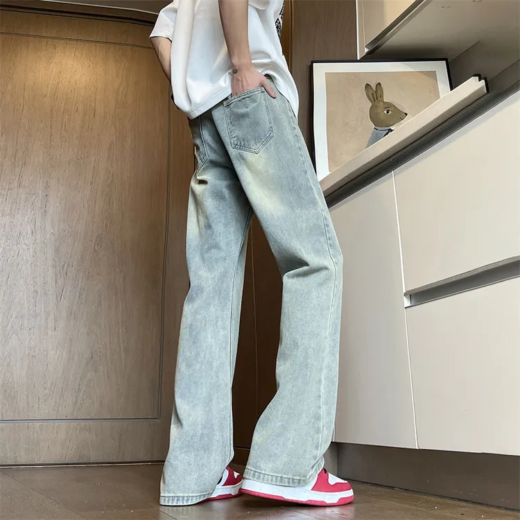 TOMADAM黑色高腰牛仔裤男秋季美式hiphop裤子显腿长vibe微喇裤