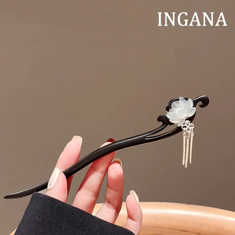 古风莲花檀木发簪女中式步摇流苏盘发簪子日常简约高级感发钗配饰