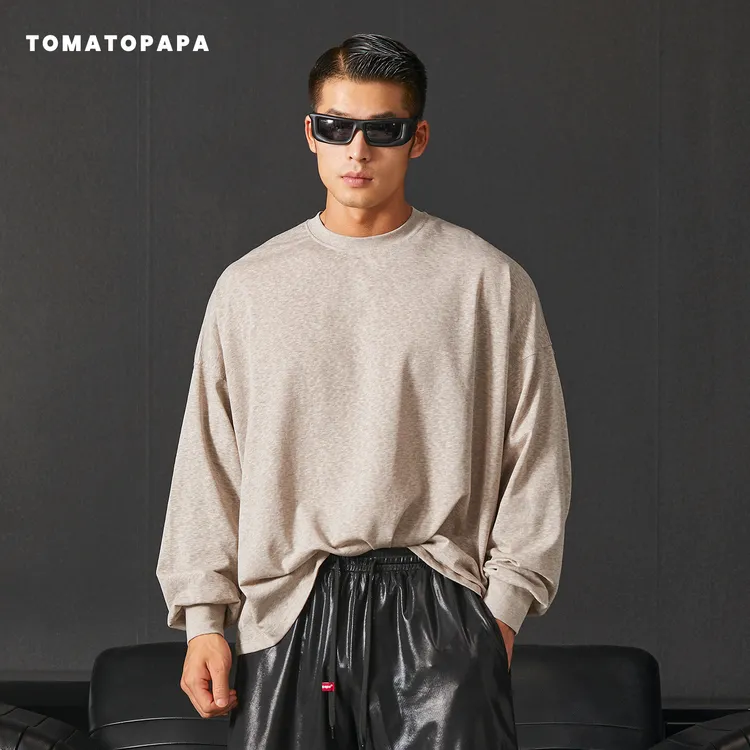 TOMATOPAPA长袖T恤2025秋季男士落肩休闲宽松纯色薄款套头打底衫