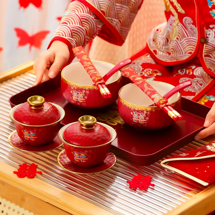 菲寻结婚敬茶杯改口陪嫁茶具婚礼喜碗筷杯子一对敬酒婚庆专用套装