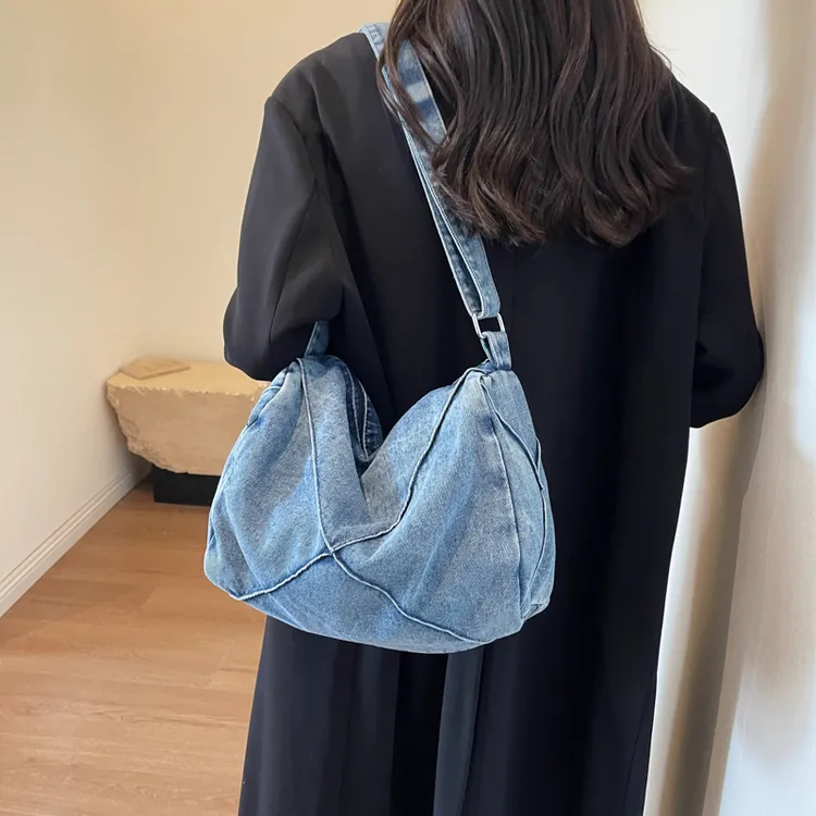 纯色帆布单肩包百搭挎包简约ins网红韩版牛仔布饺子包休闲包女包