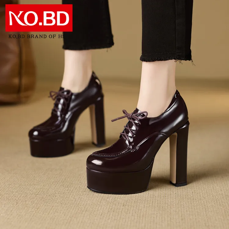 棕色法式高跟鞋不累脚小个子漆皮小皮鞋配裙子春秋粗跟女鞋子P626