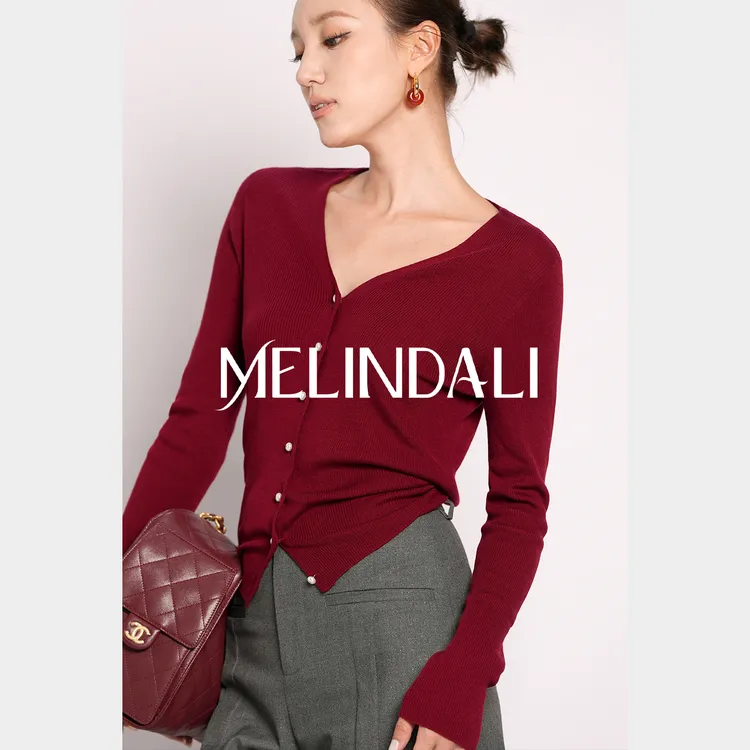 Melinda Li【柔光开衫】莱赛尔醋酸山羊绒V领修身长袖坑条针织开衫