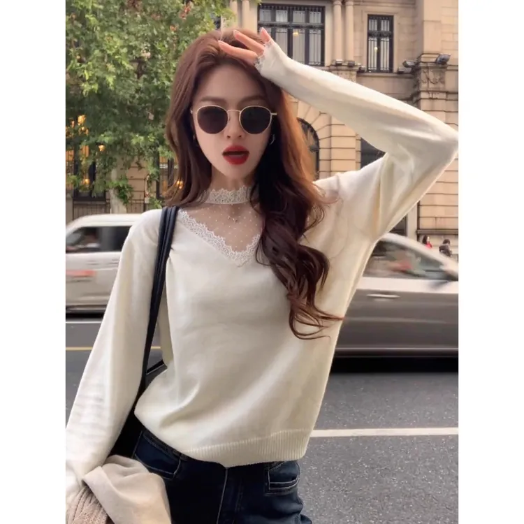 蕾丝拼接白色半高领针织打底衫女秋冬轻奢高级感毛衣内搭气质上衣