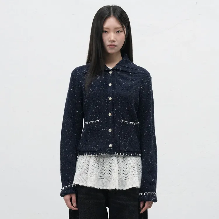 【huhu专属】GENERAL IDEA BY BUMSUK燕麦颗粒翻领粗针包边花色针织开衫4516