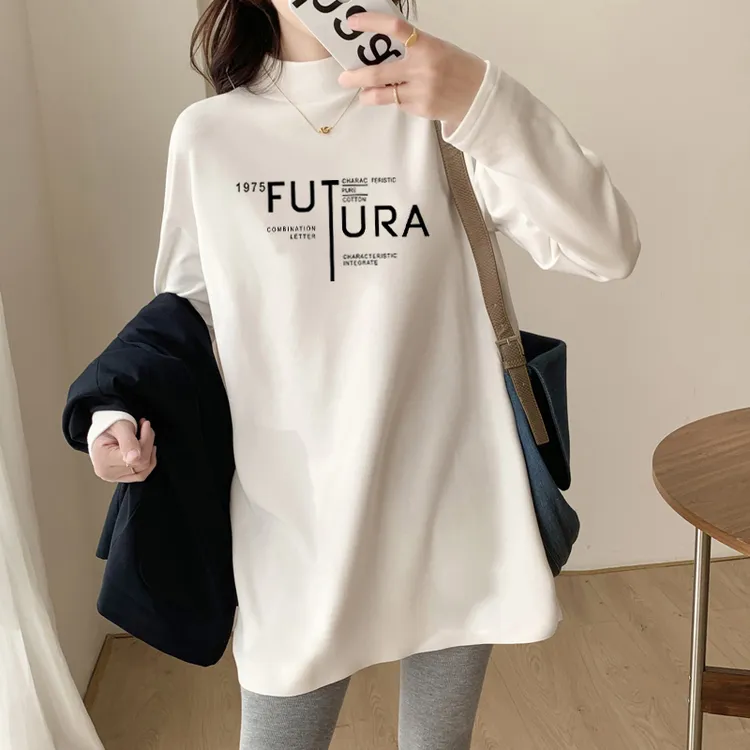 德绒加绒加厚保暖长袖T恤女宽松秋冬新款上衣打底衫半高领中长款