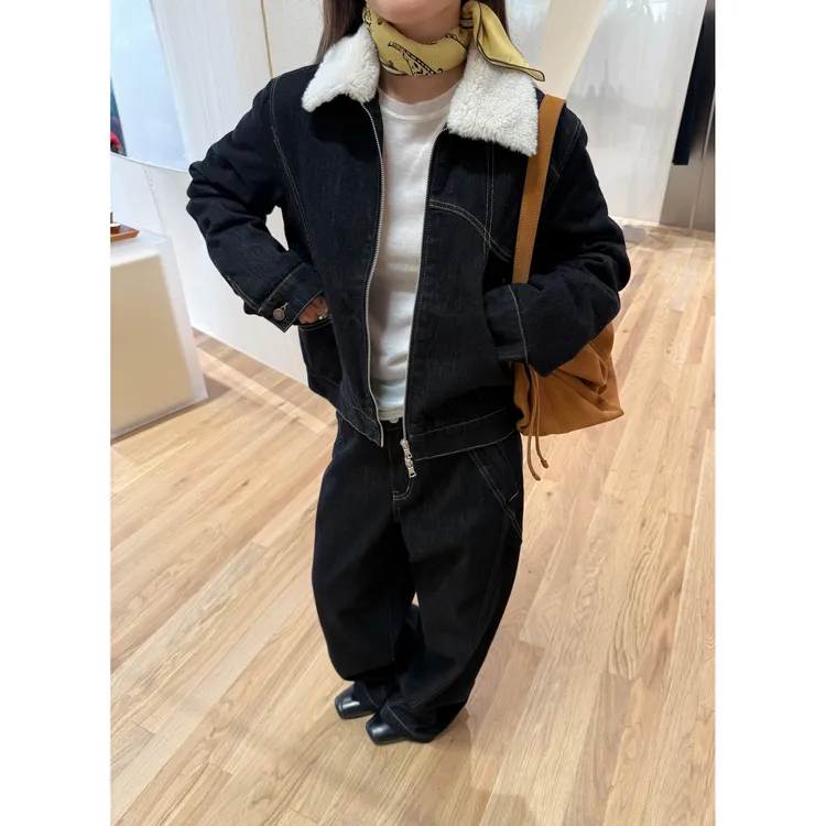INAIEN【牛仔套装】复古毛领夹棉外套 环保固色抓毛牛仔裤 Y5981