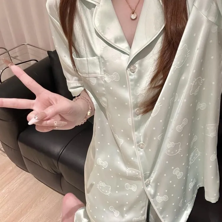 可爱HelloKitty提花冰丝睡衣女夏款SUAM RUO短袖长裤家居服两件套