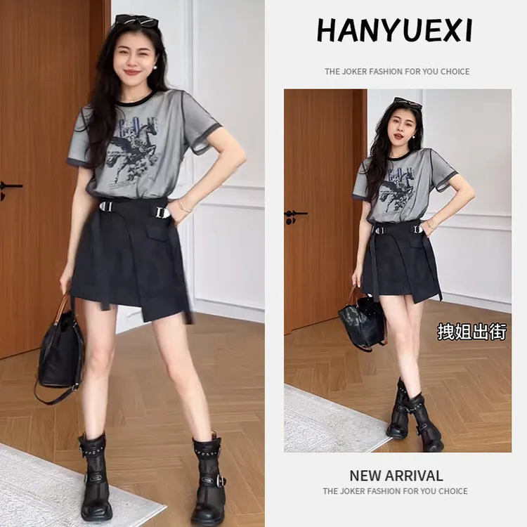 【现货】夏季穿搭一整套女2025新款时尚休闲短袖减龄高腰短裙两件套