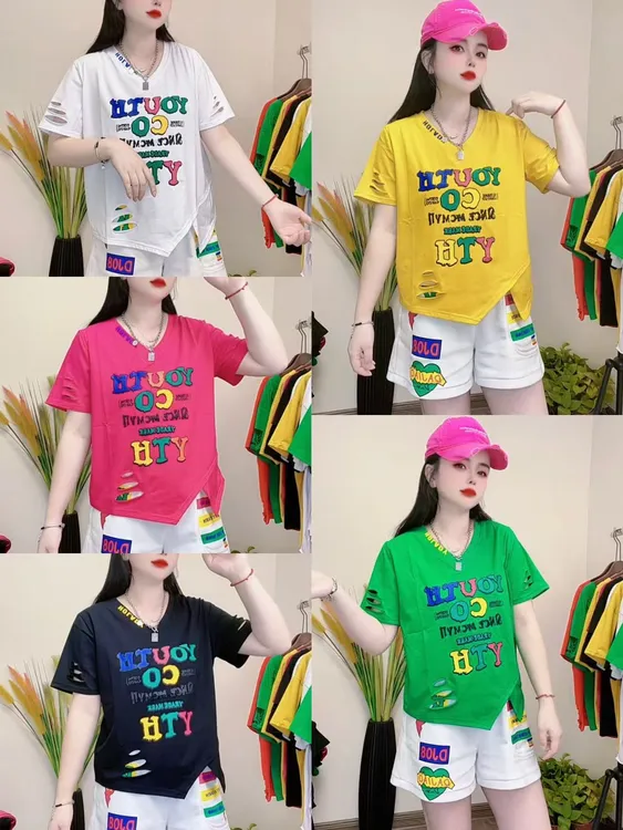 8668夏季新款时尚破洞宽松圆领字母印花下摆开衩个性潮流女T恤